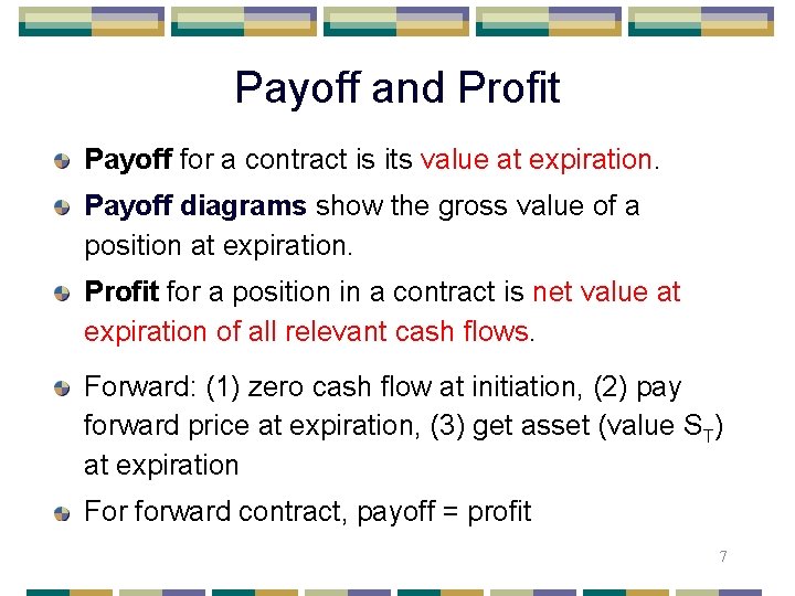 Payoff and Profit Payoff for a contract is its value at expiration. Payoff diagrams