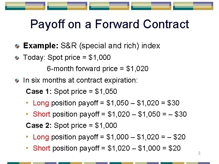 Payoff on a Forward Contract Example: S&R (special and rich) index Today: Spot price