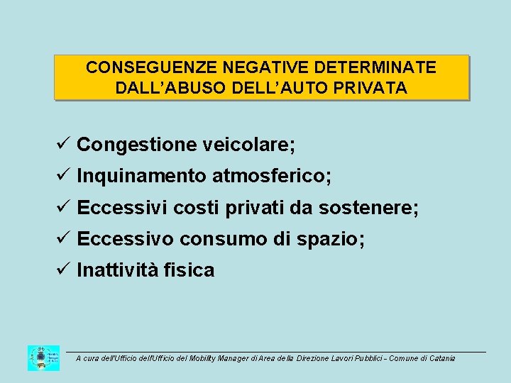 CONSEGUENZE NEGATIVE DETERMINATE DALL’ABUSO DELL’AUTO PRIVATA Congestione veicolare; Inquinamento atmosferico; Eccessivi costi privati da