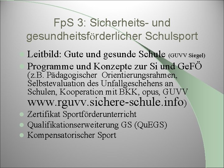 Fp. S 3: Sicherheits- und gesundheitsförderlicher Schulsport l Leitbild: Gute und gesunde Schule (GUVV