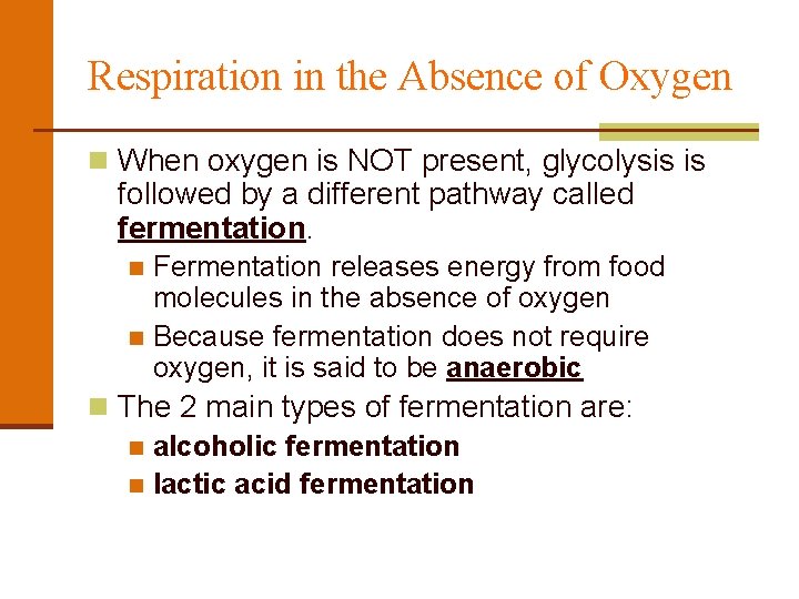 Respiration in the Absence of Oxygen n When oxygen is NOT present, glycolysis is