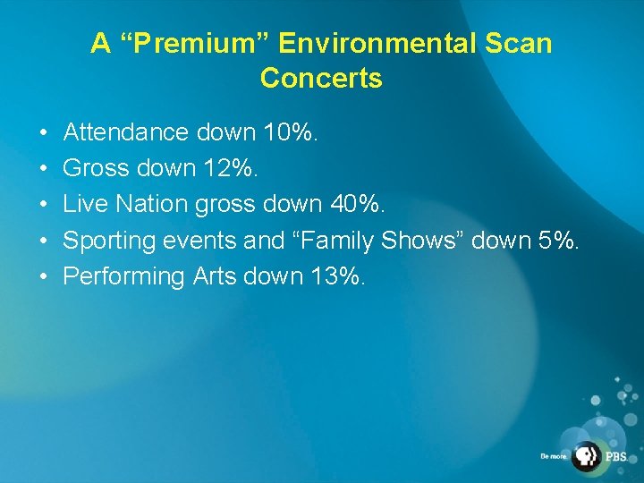 A “Premium” Environmental Scan Concerts • • • Attendance down 10%. Gross down 12%.