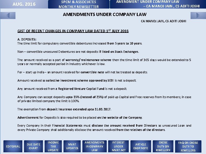 SPCM & ASSOCIATES MONTHLY NEWSLETTER AUG. 2016 AMENDMENT UNDER COMPANY LAW – CA MANOJ