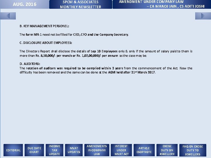 SPCM & ASSOCIATES MONTHLY NEWSLETTER AUG. 2016 AMENDMENT UNDER COMPANY LAW – CA MANOJ