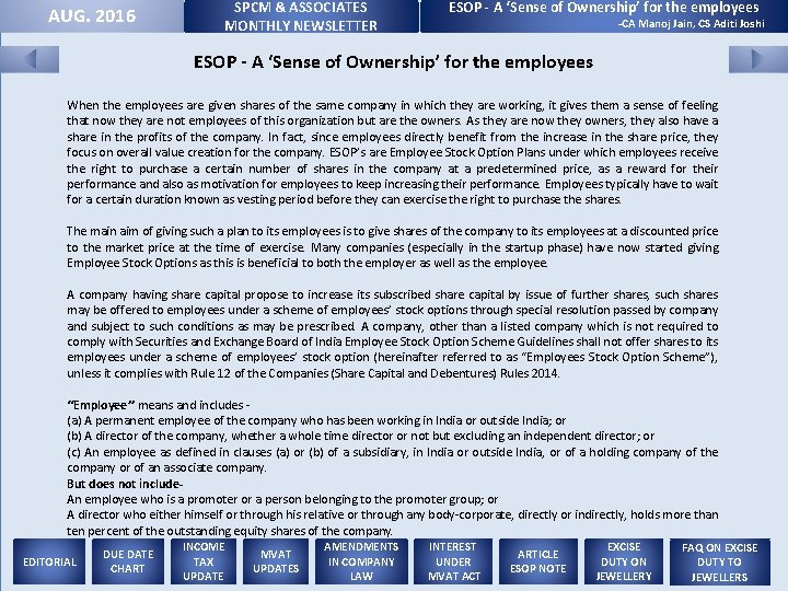 SPCM & ASSOCIATES MONTHLY NEWSLETTER AUG. 2016 ESOP - A ‘Sense of Ownership’ for