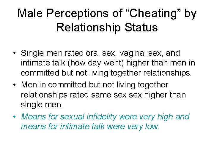 Male Perceptions of “Cheating” by Relationship Status • Single men rated oral sex, vaginal