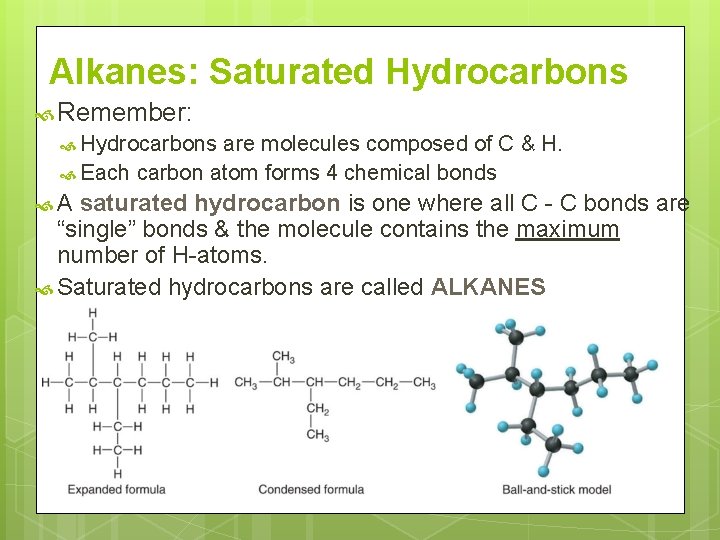 Alkanes: Saturated Hydrocarbons Remember: Hydrocarbons are molecules composed of C & H. Each carbon