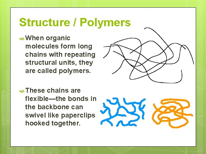 Structure / Polymers When organic molecules form long chains with repeating structural units, they