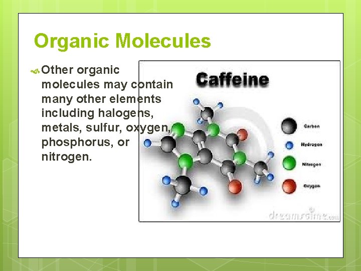 Organic Molecules Other organic molecules may contain many other elements including halogens, metals, sulfur,