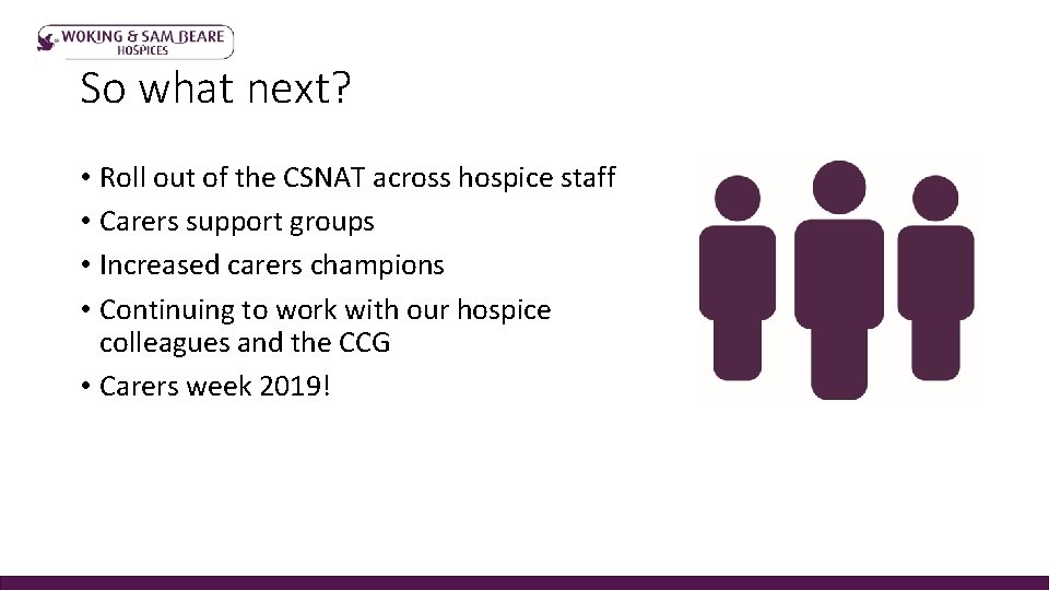 So what next? • Roll out of the CSNAT across hospice staff • Carers