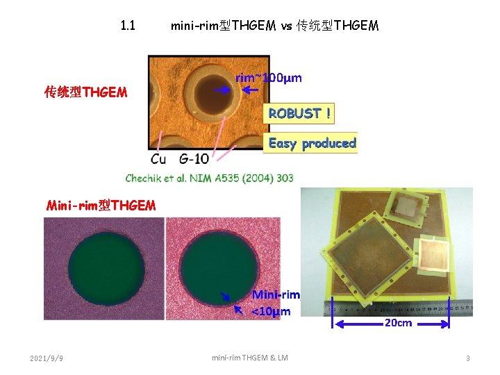 1. 1 mini-rim型THGEM vs 传统型THGEM rim~100μm 传统型THGEM Mini-rim型THGEM 20 cm 2021/9/9 mini-rim THGEM &