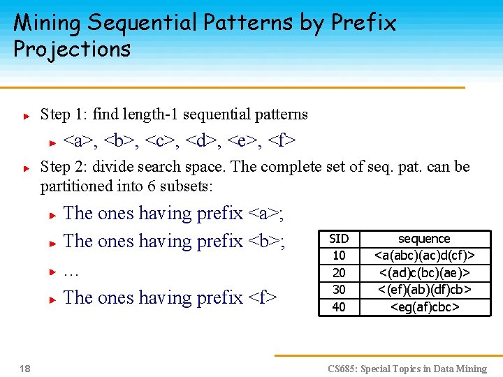 Mining Sequential Patterns by Prefix Projections Step 1: find length-1 sequential patterns <a>, <b>,