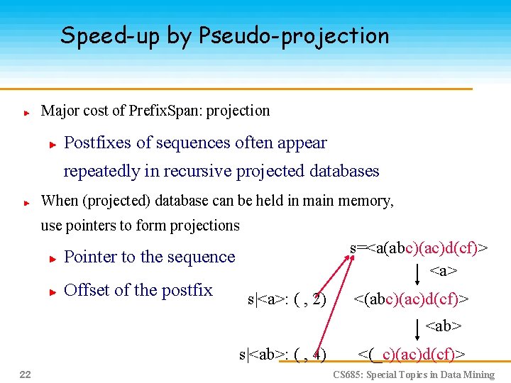 Speed-up by Pseudo-projection Major cost of Prefix. Span: projection Postfixes of sequences often appear
