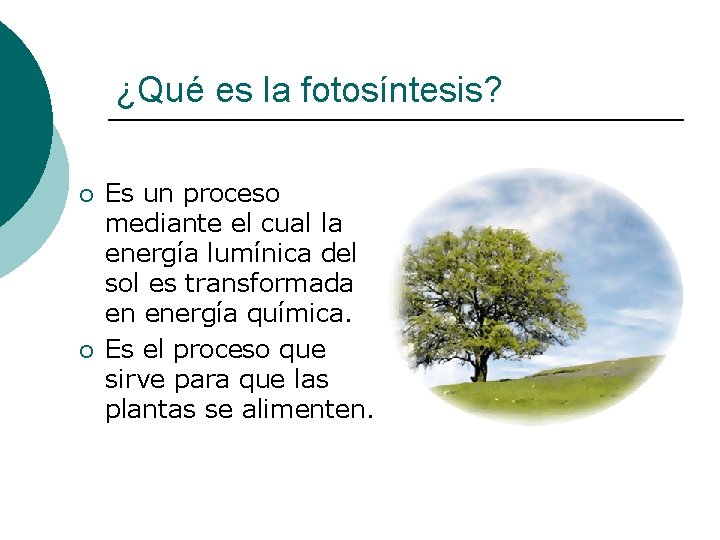 ¿Qué es la fotosíntesis? ¡ ¡ Es un proceso mediante el cual la energía