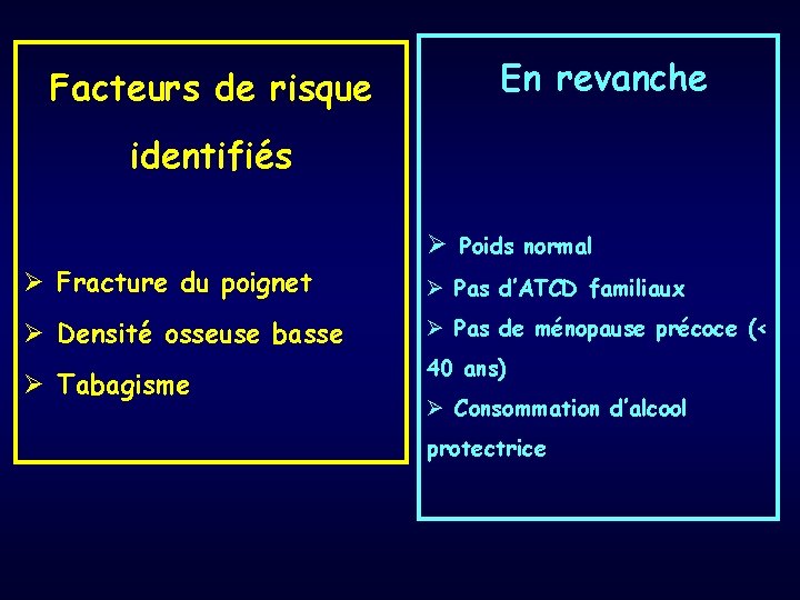 Facteurs de risque En revanche identifiés Ø Poids normal Ø Fracture du poignet Ø
