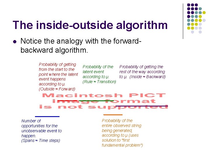 The inside-outside algorithm l Notice the analogy with the forwardbackward algorithm. Probability of getting