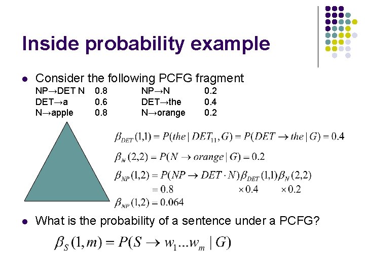Inside probability example l Consider the following PCFG fragment NP→DET N DET→a N→apple l