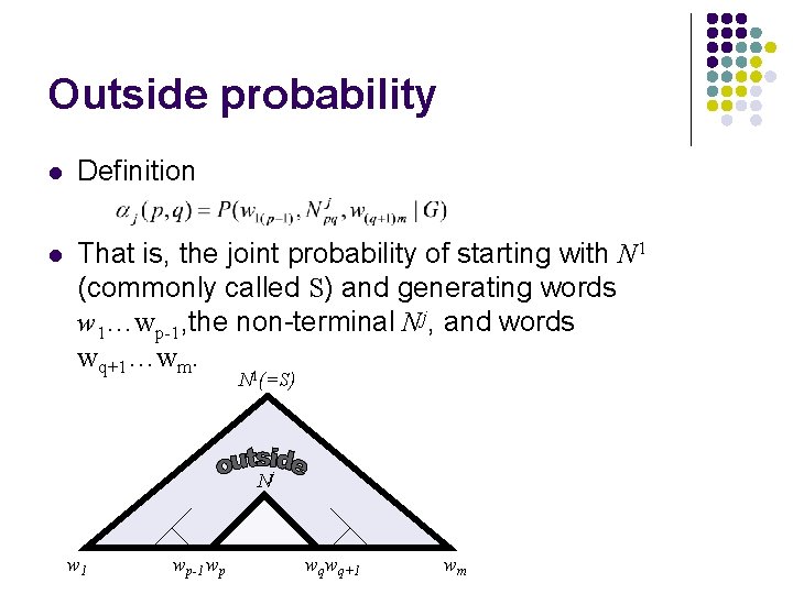 Outside probability l Definition l That is, the joint probability of starting with N