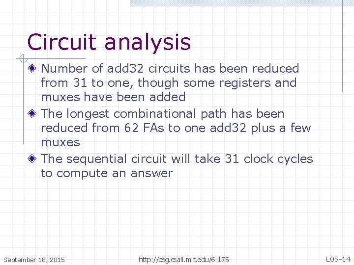 Circuit analysis Number of add 32 circuits has been reduced from 31 to one,