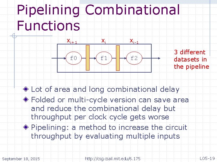 Pipelining Combinational Functions xi+1 f 0 xi f 1 xi-1 f 2 3 different