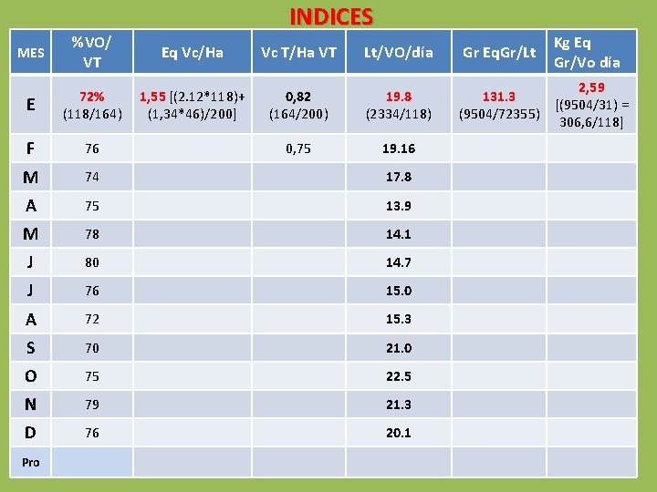 INDICES MES %VO/ VT Eq Vc/Ha Vc T/Ha VT Lt/VO/día Gr Eq. Gr/Lt Kg