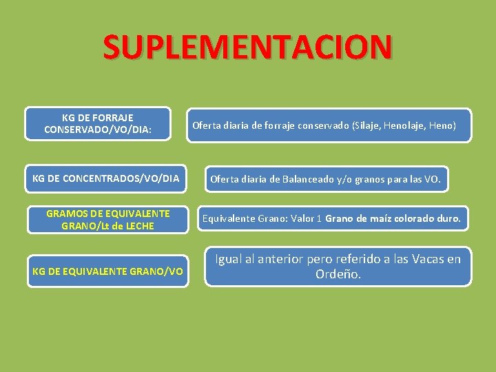 SUPLEMENTACION KG DE FORRAJE CONSERVADO/VO/DIA: KG DE CONCENTRADOS/VO/DIA GRAMOS DE EQUIVALENTE GRANO/Lt de LECHE