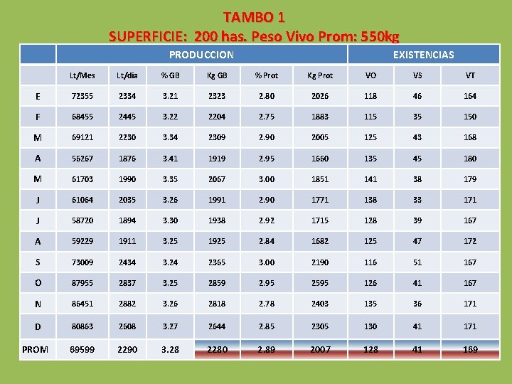 TAMBO 1 SUPERFICIE: 200 has. Peso Vivo Prom: 550 kg PRODUCCION EXISTENCIAS Lt/Mes Lt/día