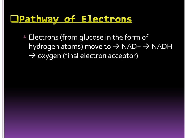  Electrons (from glucose in the form of hydrogen atoms) move to NAD+ NADH