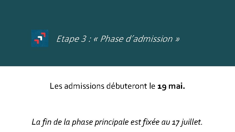 Etape 3 : « Phase d’admission » Les admissions débuteront le 19 mai. La