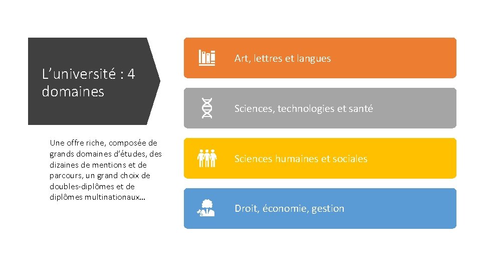 L’université : 4 domaines Art, lettres et langues Sciences, technologies et santé Une offre