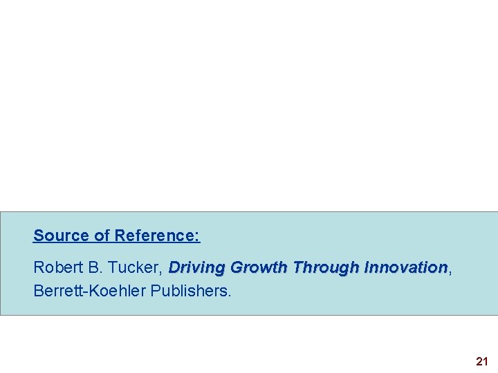Source of Reference: Robert B. Tucker, Driving Growth Through Innovation, Innovation Berrett-Koehler Publishers. 21