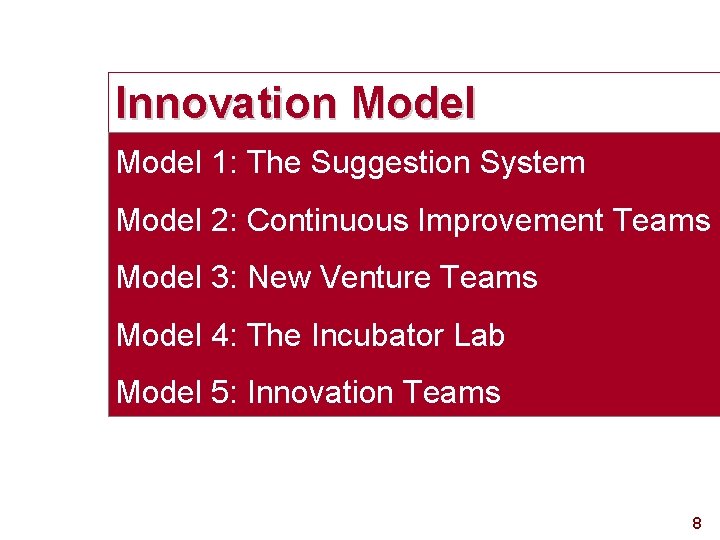 Innovation Model 1: The Suggestion System Model 2: Continuous Improvement Teams Model 3: New