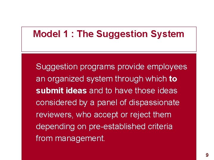 Model 1 : The Suggestion System Suggestion programs provide employees an organized system through