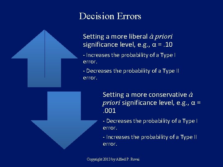 Decision Errors Setting a more liberal à priori significance level, e. g. , α