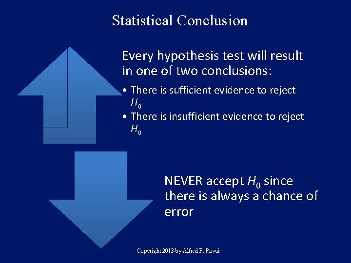 Statistical Conclusion Every hypothesis test will result in one of two conclusions: • There
