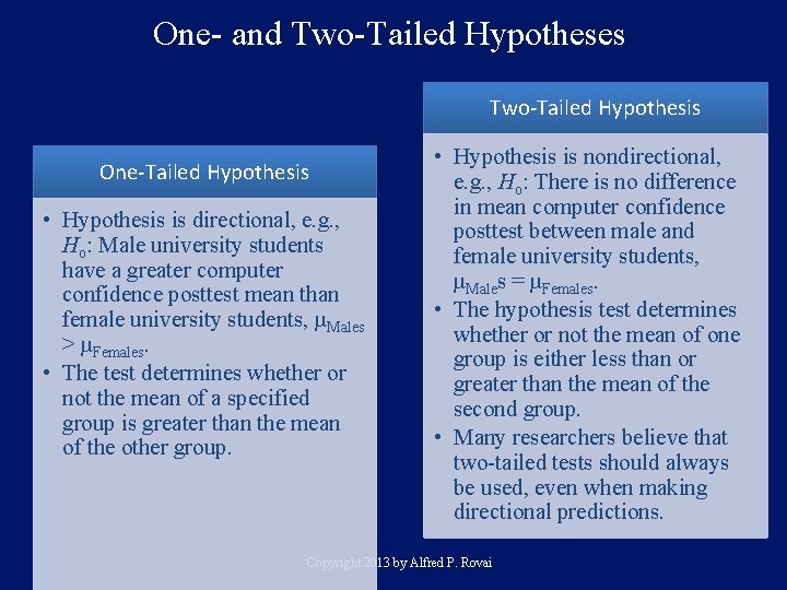 One- and Two-Tailed Hypotheses Two-Tailed Hypothesis One-Tailed Hypothesis • Hypothesis is directional, e. g.