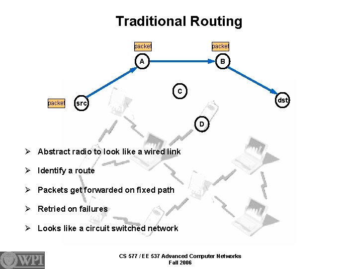 Traditional Routing packet A B C packet dst src D Ø Abstract radio to