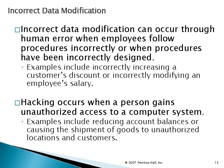 Incorrect Data Modification �Incorrect data modification can occur through human error when employees follow