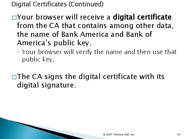 Digital Certificates (Continued) �Your browser will receive a digital certificate from the CA that