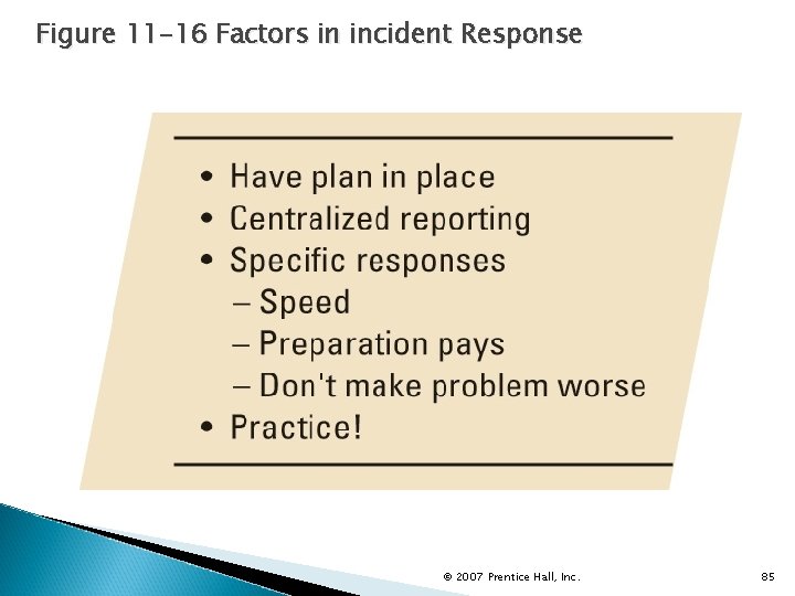 Figure 11 -16 Factors in incident Response © 2007 Prentice Hall, Inc. 85 