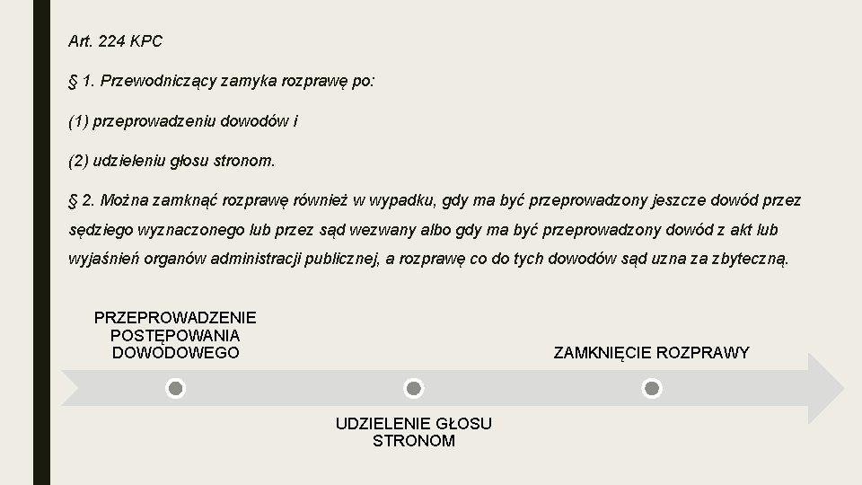 Art. 224 KPC § 1. Przewodniczący zamyka rozprawę po: (1) przeprowadzeniu dowodów i (2)