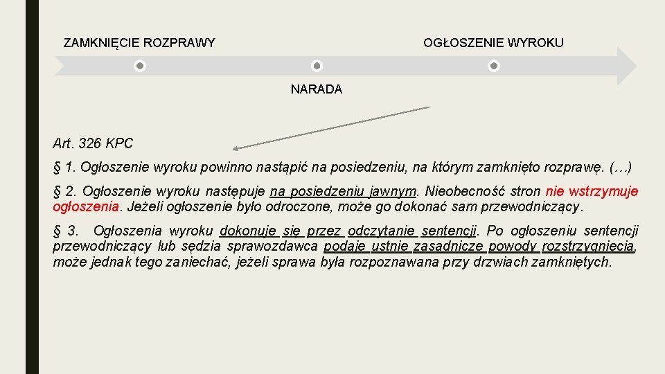 ZAMKNIĘCIE ROZPRAWY OGŁOSZENIE WYROKU NARADA Art. 326 KPC § 1. Ogłoszenie wyroku powinno nastąpić