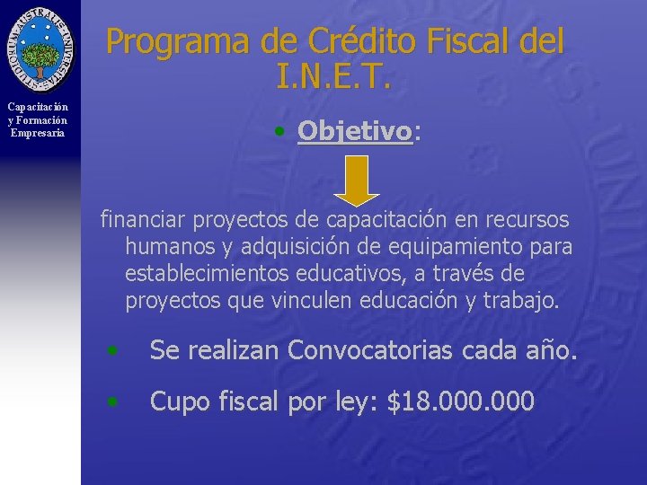 Programa de Crédito Fiscal del I. N. E. T. Capacitación y Formación Empresaria •