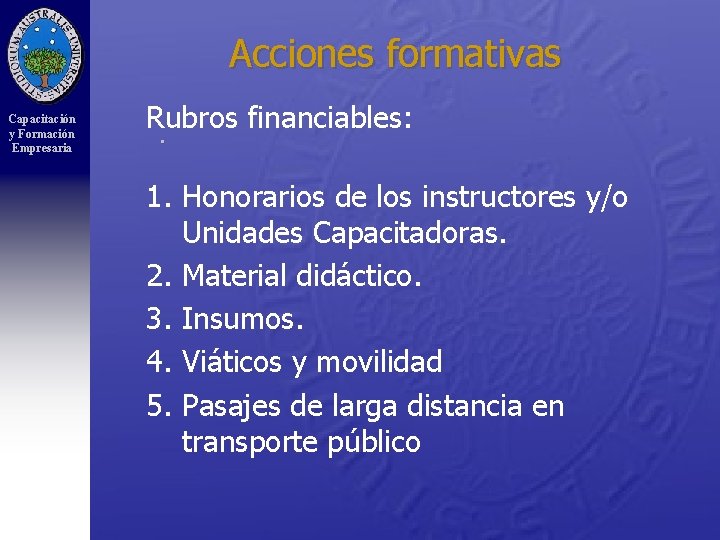 Acciones formativas Capacitación y Formación Empresaria Rubros financiables: . 1. Honorarios de los instructores