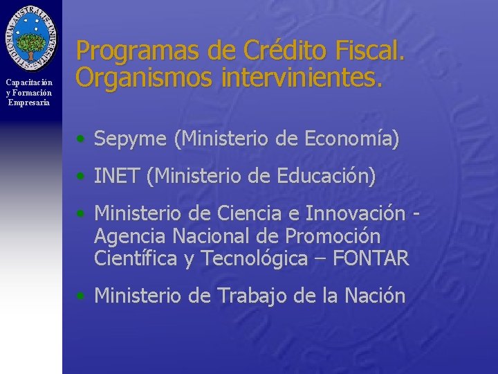 Capacitación y Formación Empresaria Programas de Crédito Fiscal. Organismos intervinientes. • Sepyme (Ministerio de