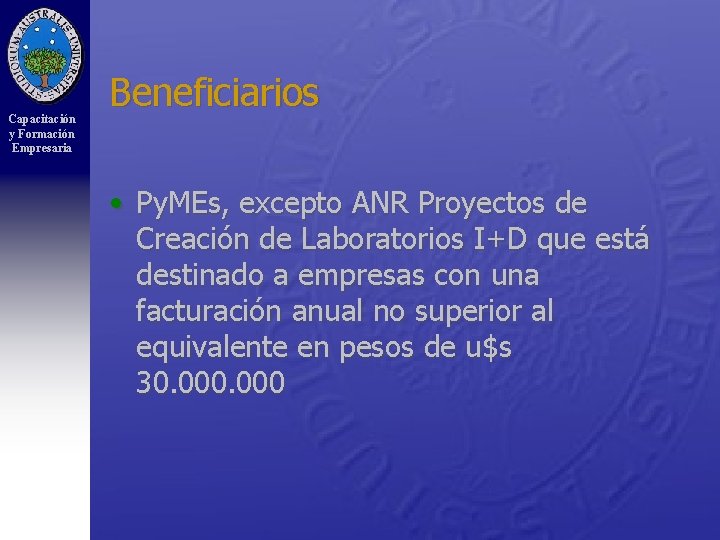 Capacitación y Formación Empresaria Beneficiarios • Py. MEs, excepto ANR Proyectos de Creación de