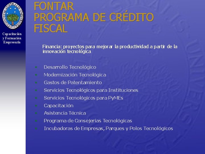Capacitación y Formación Empresaria FONTAR PROGRAMA DE CRÉDITO FISCAL Financia: proyectos para mejorar la