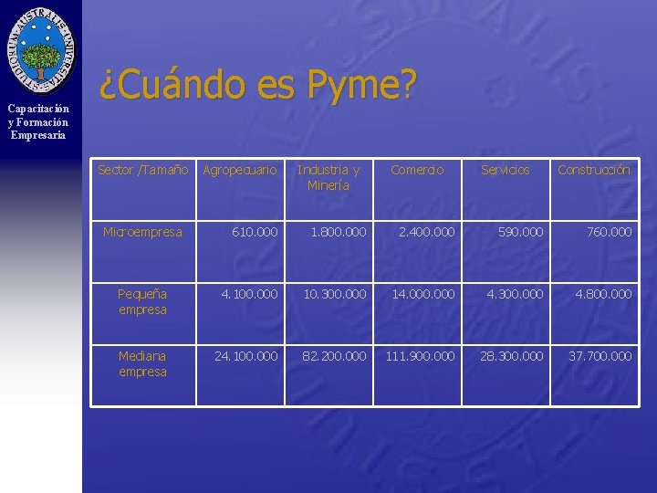 Capacitación y Formación Empresaria ¿Cuándo es Pyme? Sector /Tamaño Microempresa Agropecuario Industria y Minería