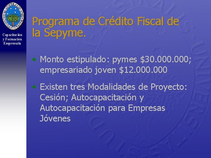 Capacitación y Formación Empresaria Programa de Crédito Fiscal de la Sepyme. • Monto estipulado: