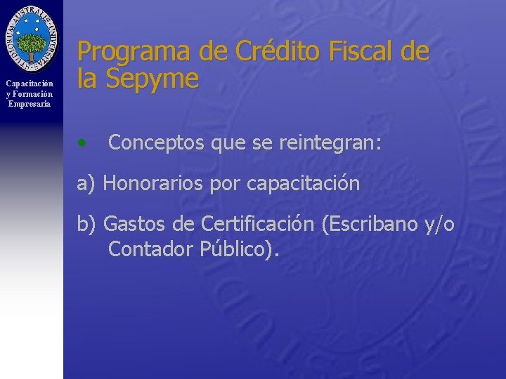 Capacitación y Formación Empresaria Programa de Crédito Fiscal de la Sepyme • Conceptos que